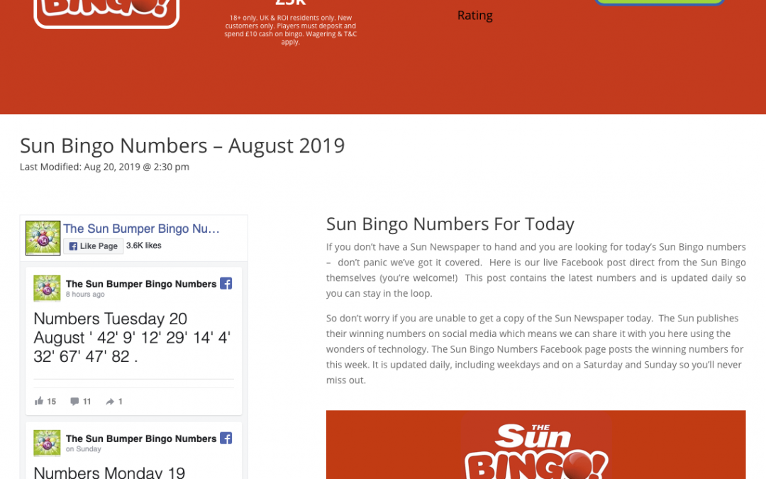 Sun Bingo Numbers Page Design