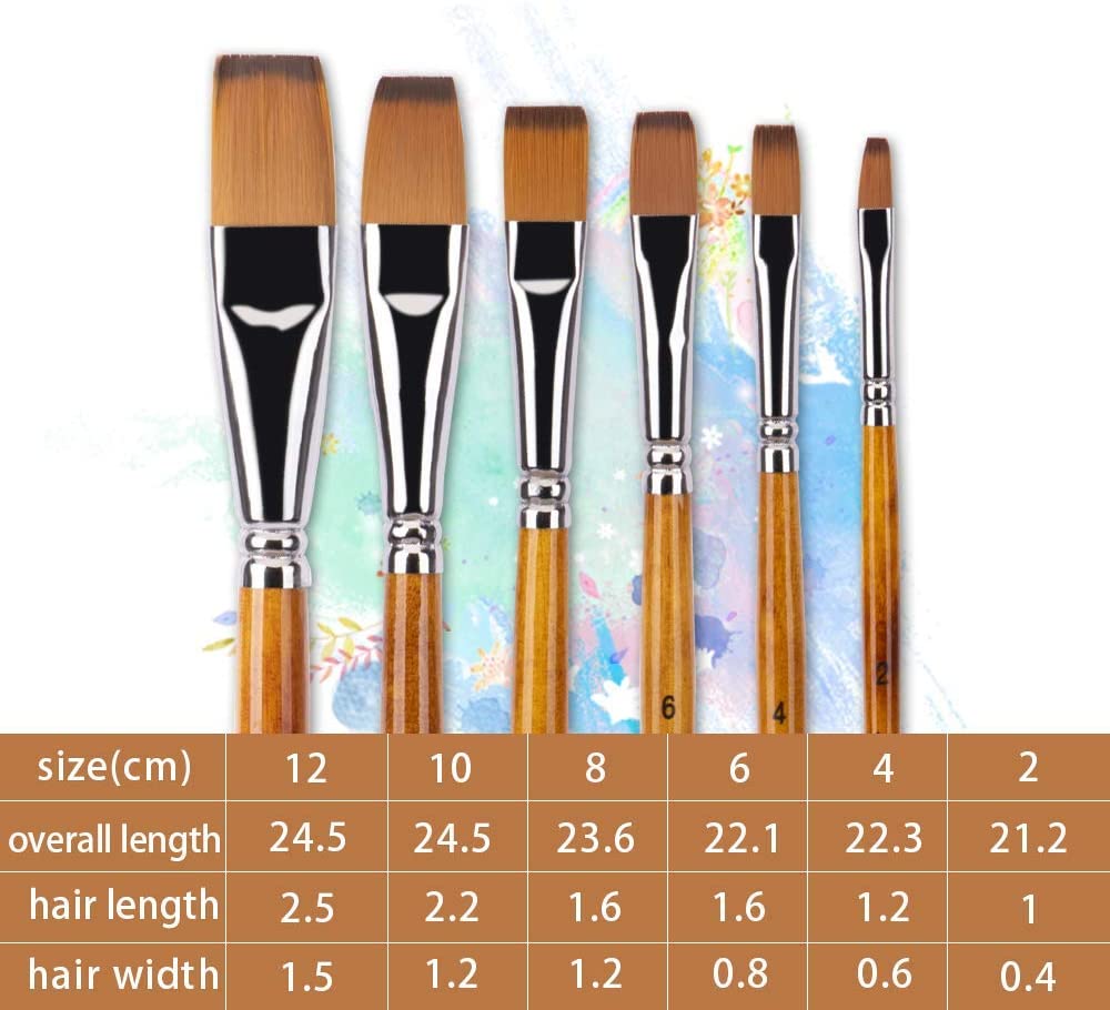 Golden Maple 6Pcs Japanese Nylon Flat Paint Brush Set sizes