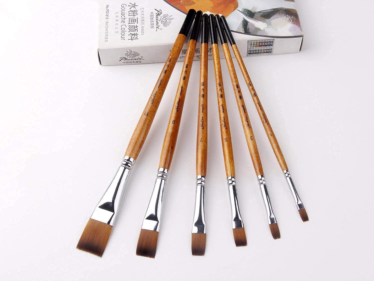 Golden Maple 6Pcs Japanese Nylon Flat Paint Brush Set full kit