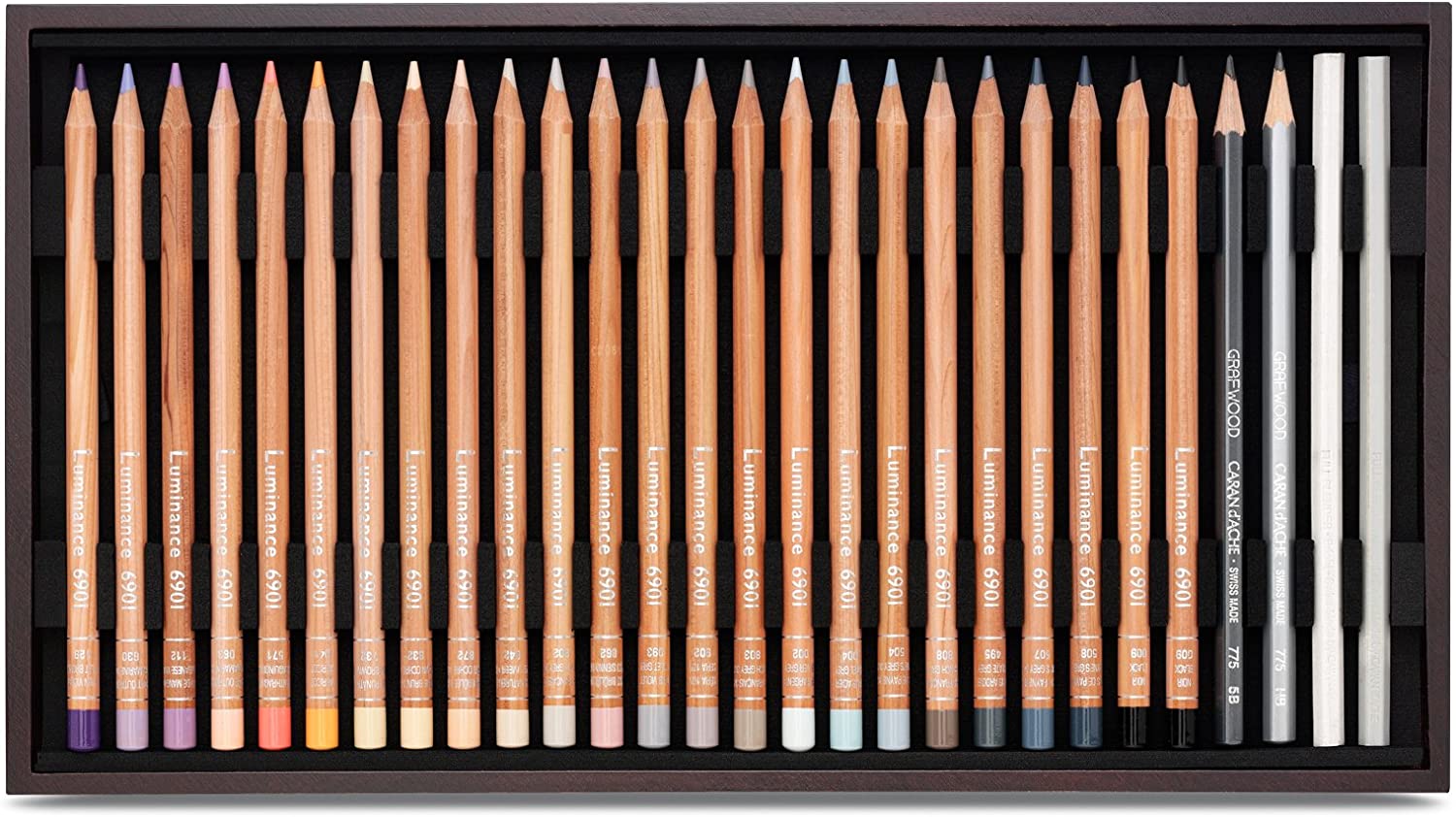 Caran D'ache Luminance Colored Pencils open case different color set