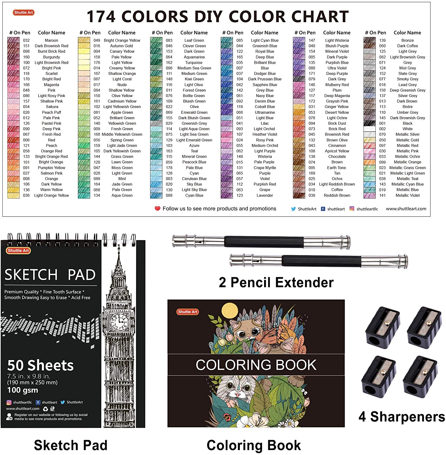 Shuttle Art Soft Core Coloured 174 Pencils Set shades