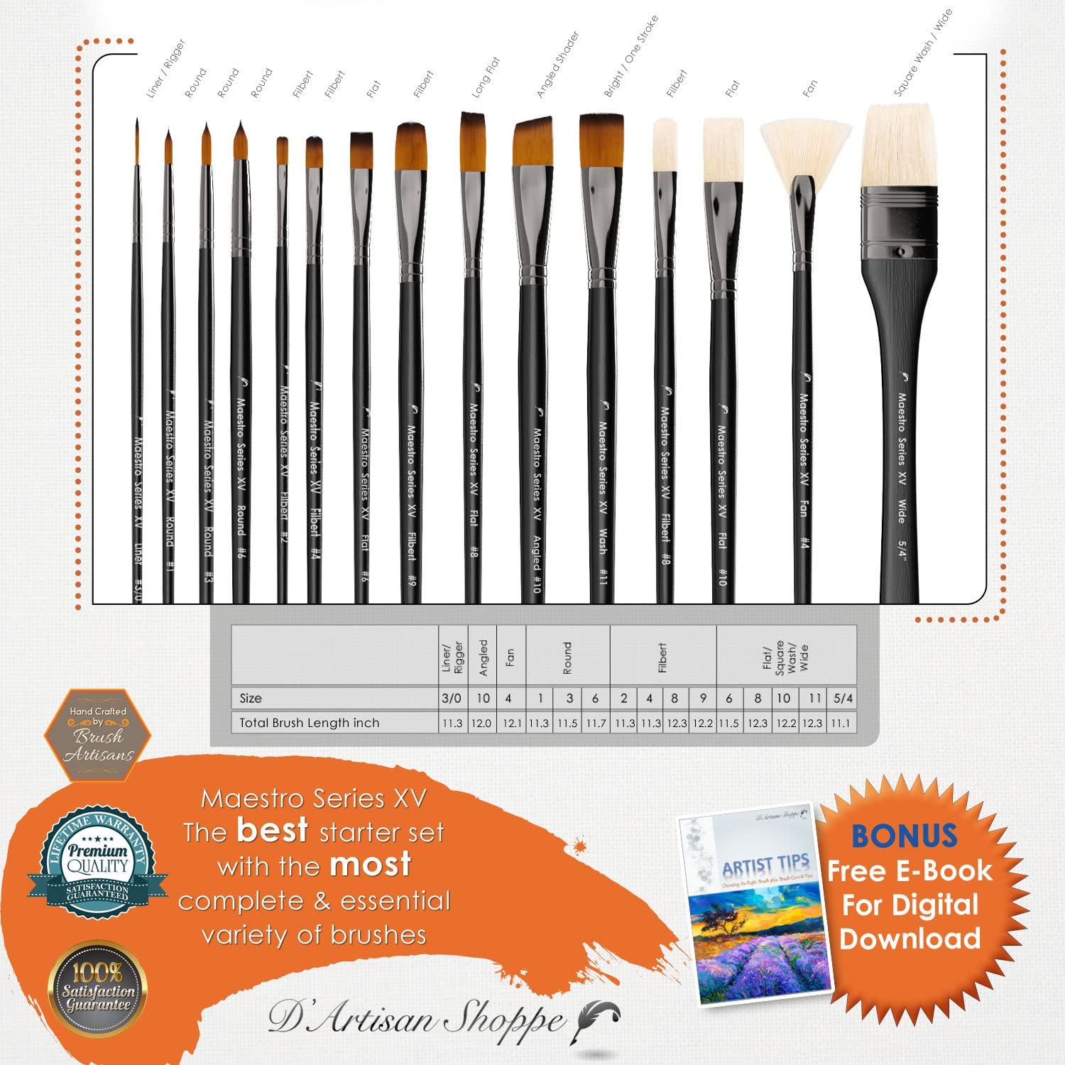 D'Artisan Paint Brush Set Professional 15pc length