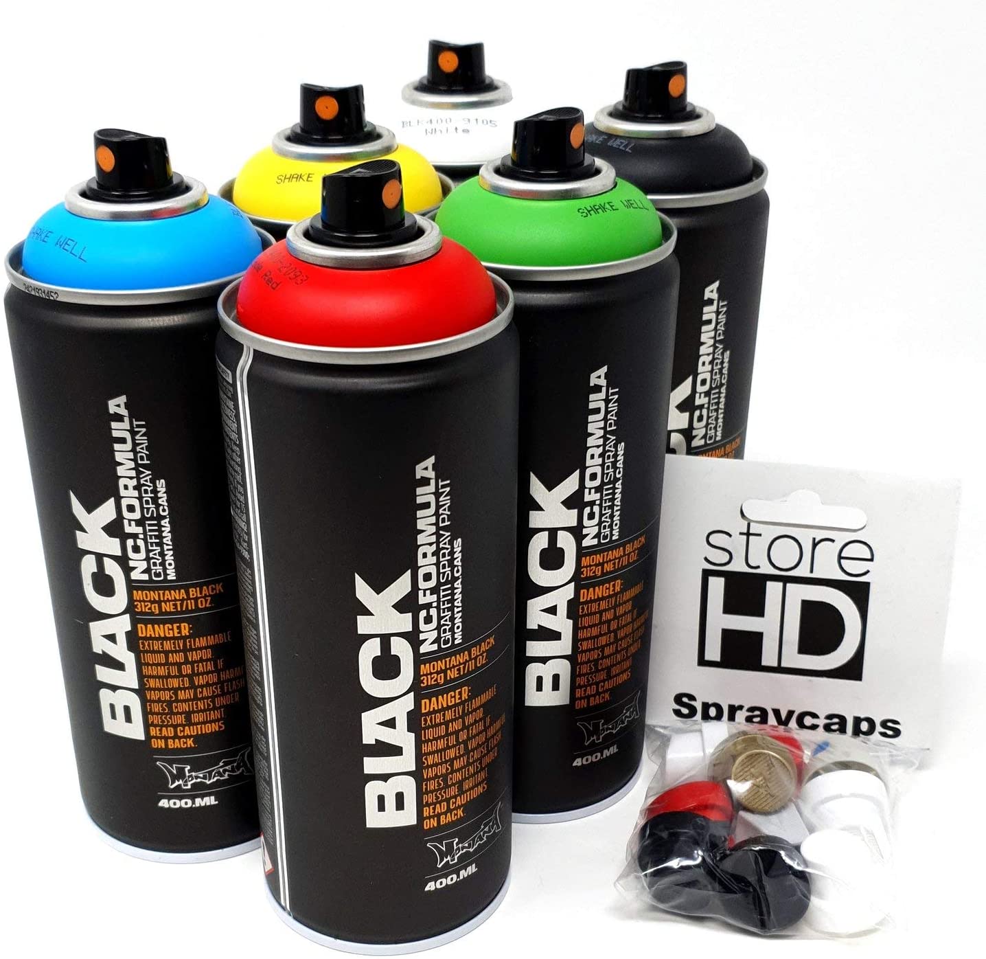 Montana Black Spray Can Set Basic Colours + Spare Spray Heads side