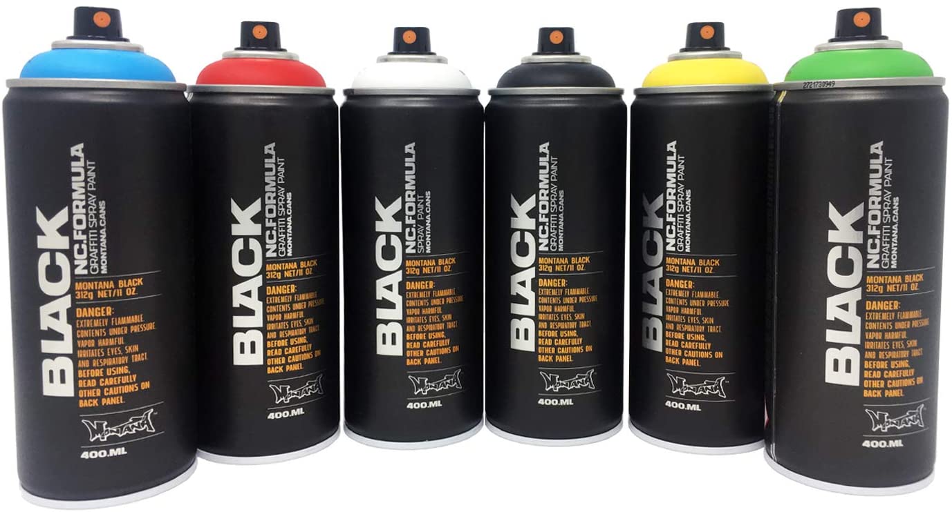 Montana Black Spray Can Set Basic Colours + Spare Spray Heads close up