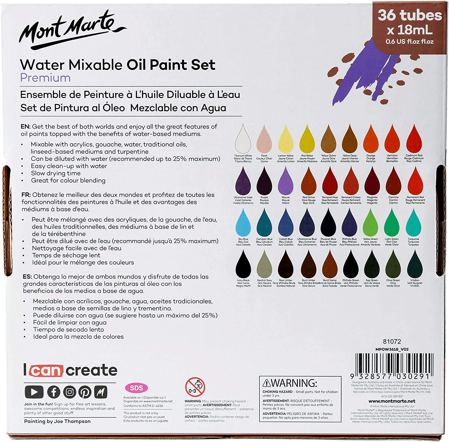 Mont Marte H2O Water Mixable Oil Paint Set shades