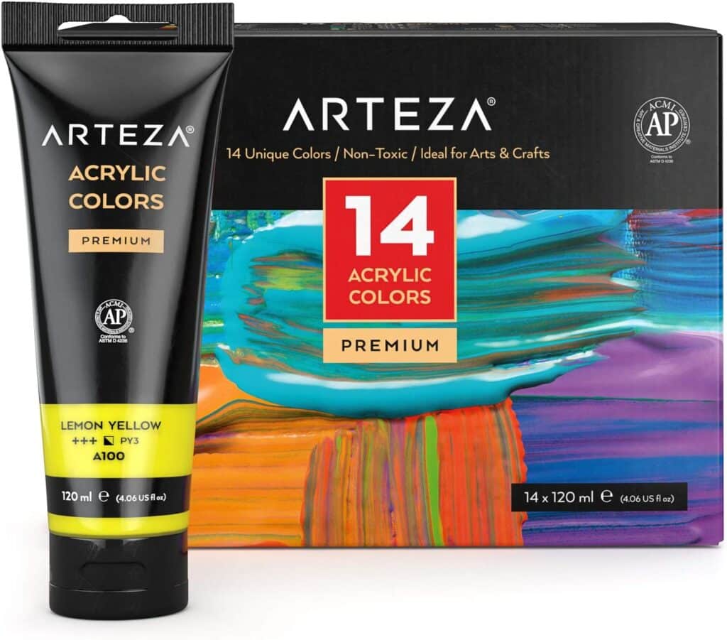 Arteza Acrylic Paint Set, 14 Colours, Large 120-ml Acrylic Paint Tubes with Storage Box, Rich Pigments main image
