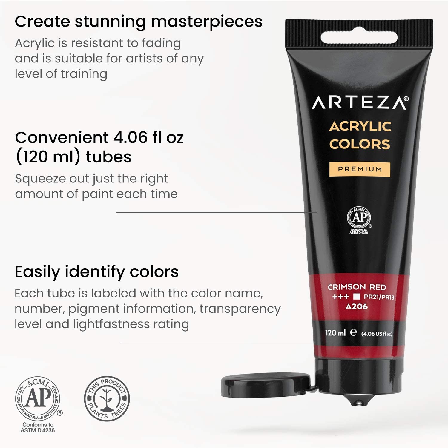 Arteza Acrylic Paint Set, 14 Colours, Large 120-ml Acrylic Paint Tubes with Storage Box, Rich Pigments features