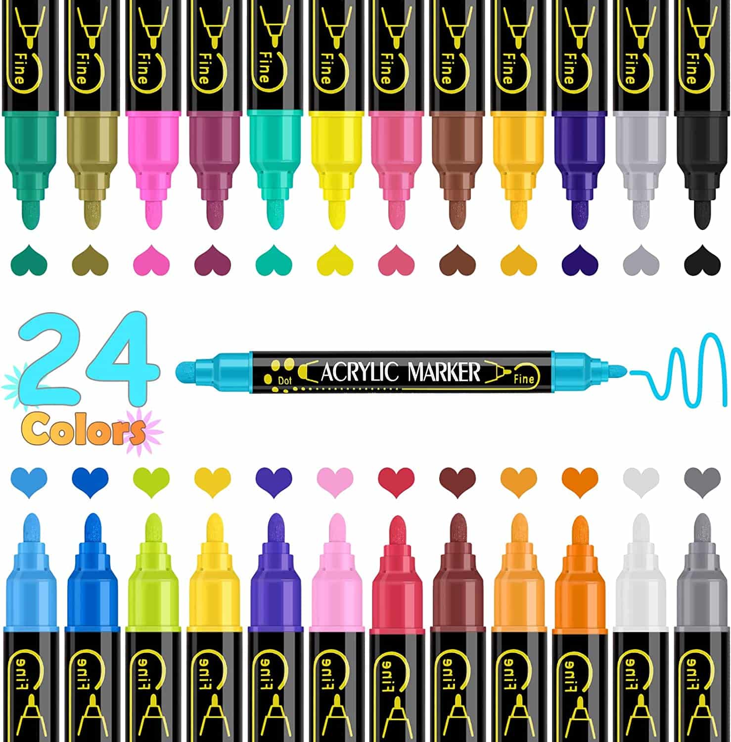 Betem 24 Colors Dual Tip Acrylic Paint Pens Markers