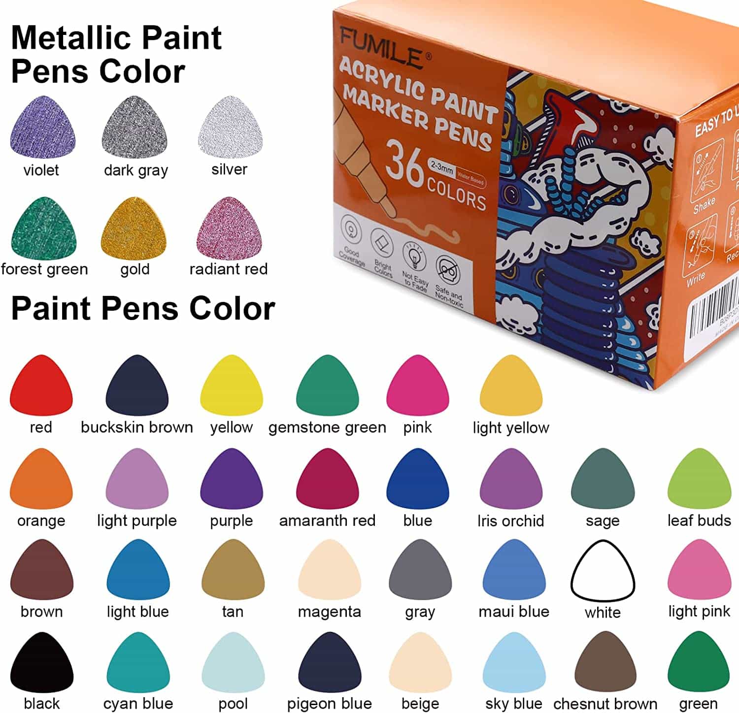 FUMILE 36PCS Acrylic Paint Pen shades